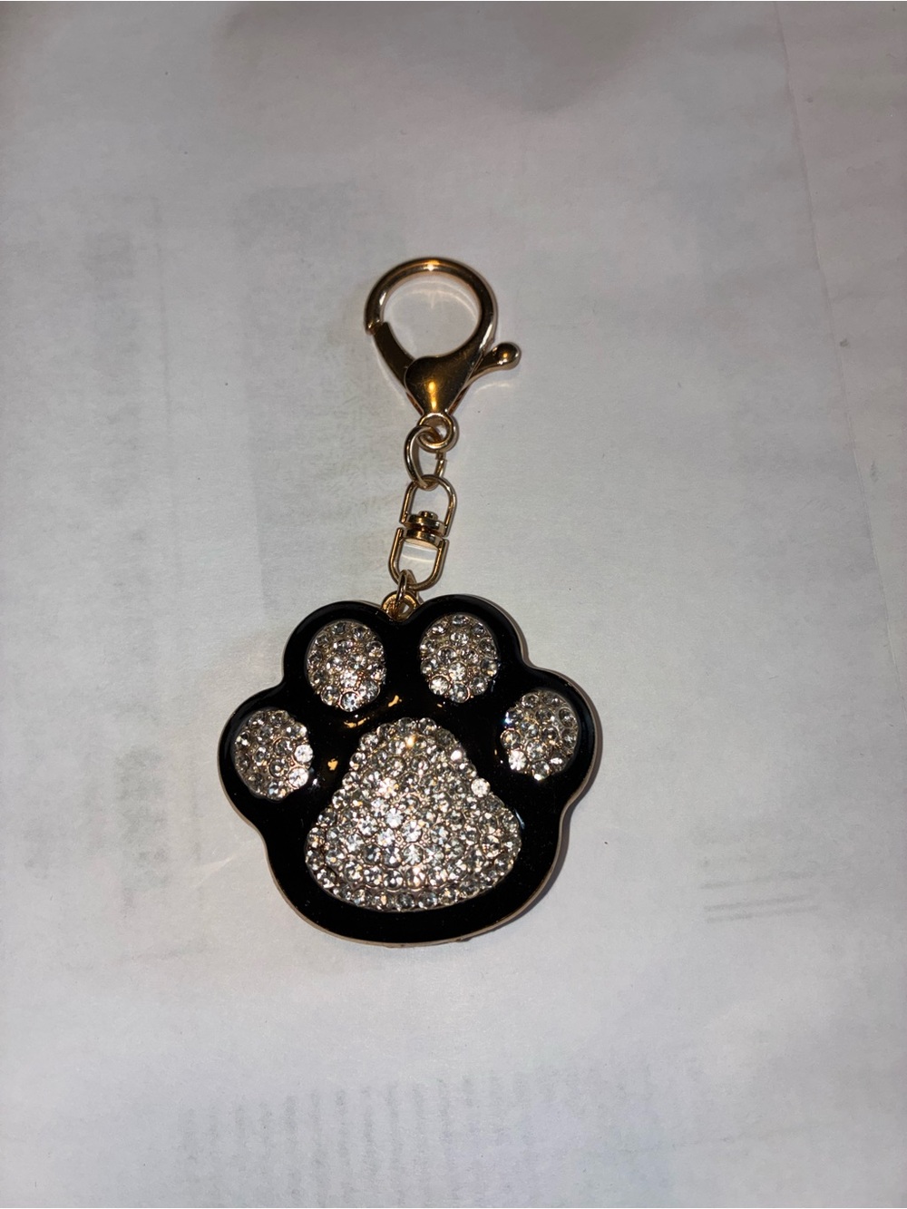 Paw Charm Keychain with Sparkling Crystals - Black and Gold
